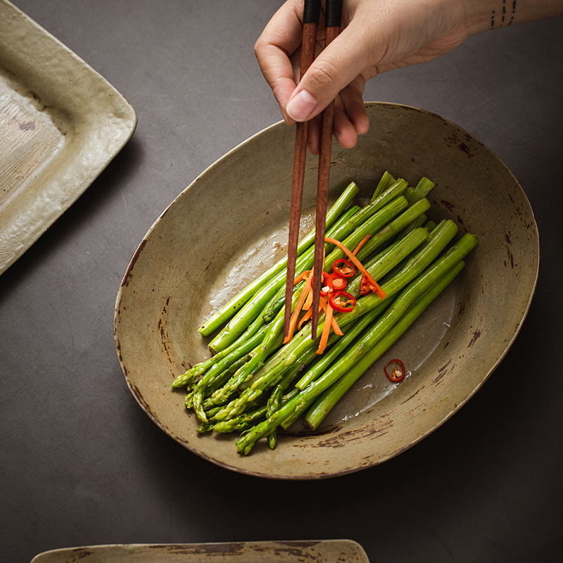 Ceramic Retro Plate Household Ceramic Rectangular Plate Japanese Fish Plate Creative Jingdezhen Coarse Pottery Tableware