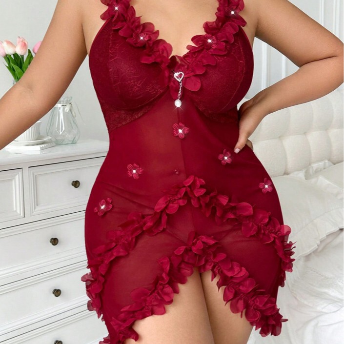 Cross-Border Foreign Trade Amazon Plus-Size Sexy Camisole Pleated Three-Dimensional Lace Sexy Nightgown Mesh Splicing Lace Women's