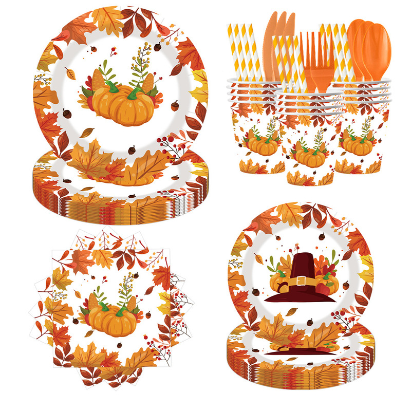 Cross-Border Thanksgiving Party Decoration Autumn Maple Leaf Pumpkin Paper Cup Paper Plate Tissue Knife Fork Spoon Tableware Set Wholesale
