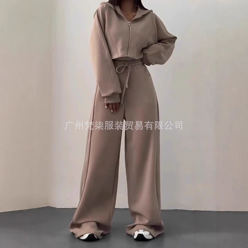25 Autumn and Winter Sweatshirt Sports Two-Piece European and American Cross-Border Fashion Casual Hooded Zipper Cardigan Jacket Wide-Leg Pants