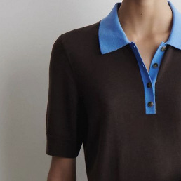 0630018-C Contrast Color Lapel Short-Sleeved Knitted Top-Ac316