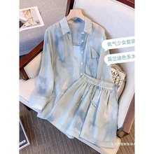 夏款大码女装雪纺晒长袖洋气遮肉两件套雪纺长袖衬衫+高腰短裤