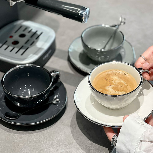 Light luxury coffee cup and saucer ceramic mug underglaze color silver rim coffee cup set exquisite high-looking mug wholesale