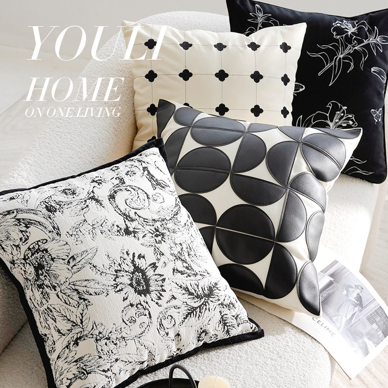Almohada en blanco y negro de lujo ligero y de alta gama Almohada de la Edad Media francesa Bordado Cama simple Sala de estar Sofá Funda de almohada con núcleo
