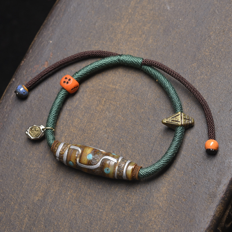 Xizang-Style Vintage Silver Multi-Gemstone Inlaid Dzi Bead Waist Bead Bracelet with Dzi Beads and Copper Woven Bracelet