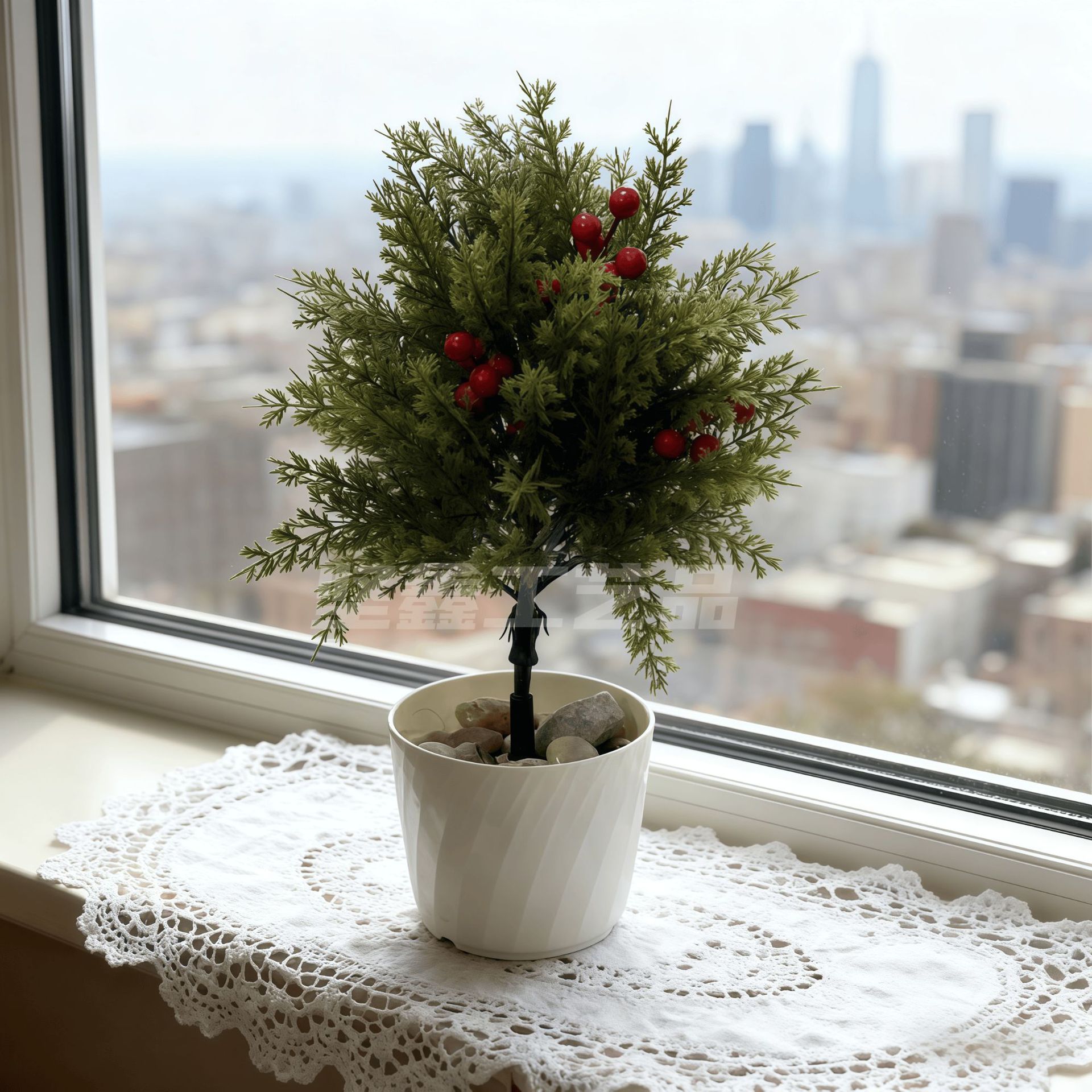 跨境圣诞节仿真松柏红果地插树绿植室内外花园圣诞树松枝装饰
