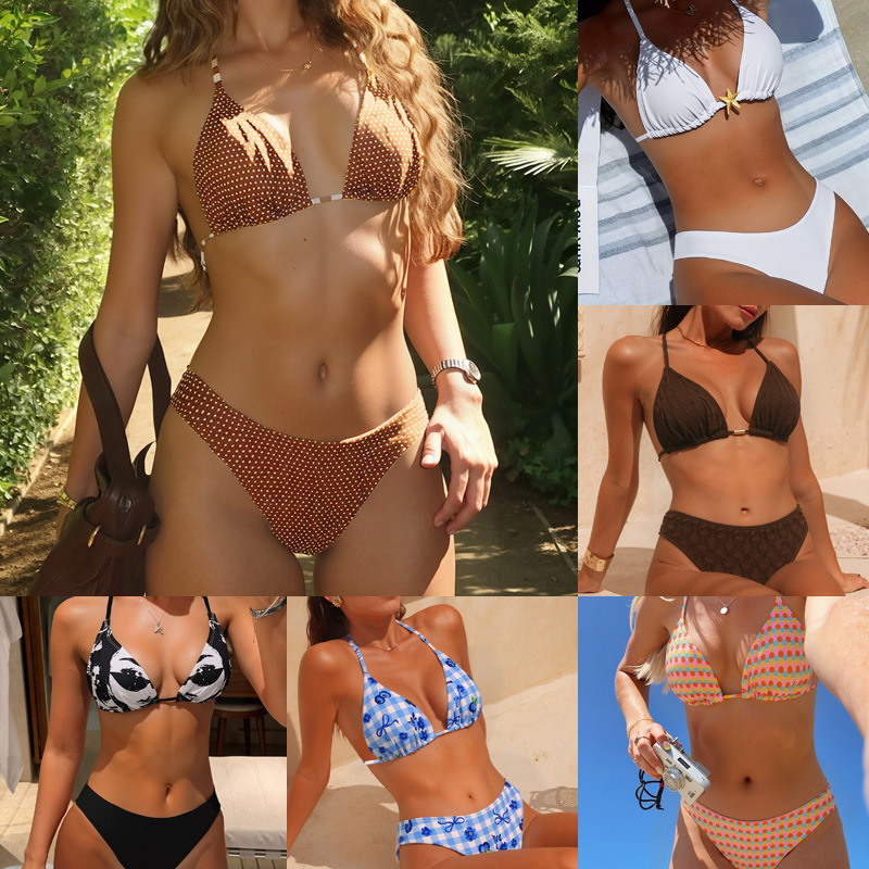 2026 Cross-Border European and American New Style Plaid Polka Dot Retro Style Triangle Cup Sexy Two-Piece Swimsuit Bikini Set for Women