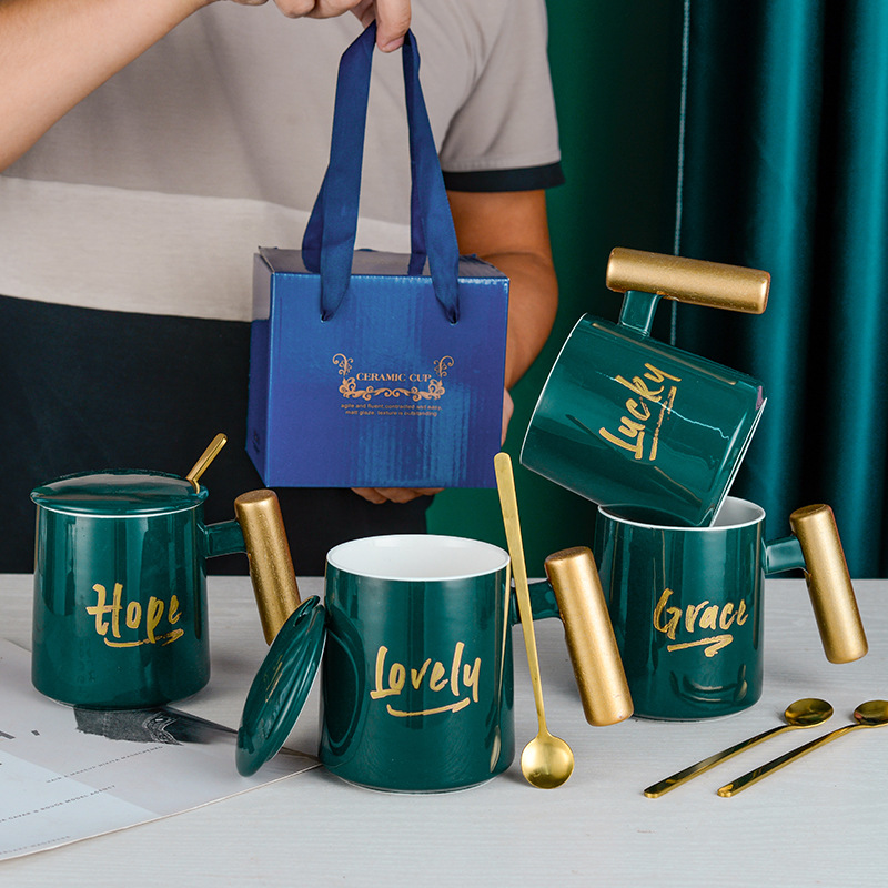 简约陶瓷杯北欧墨绿马克杯带盖木柄杯实用礼品套装水杯定制LOGO|ms