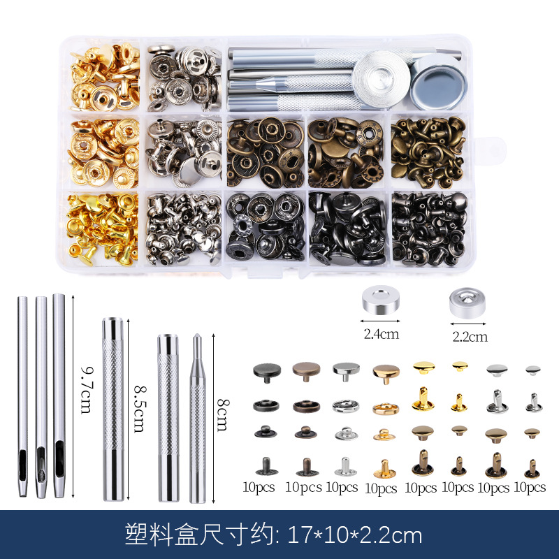 Metal transfronterizo de cuatro cierre remache + conjunto de herramientas de montaje 633 botones chaqueta vaqueros chaqueta de plumón redonda