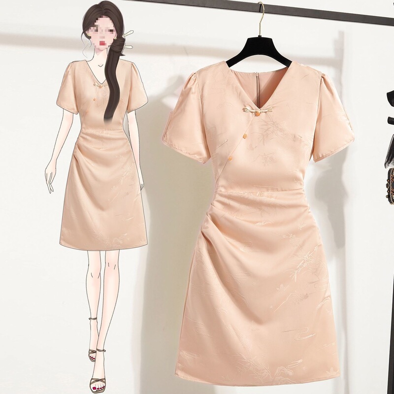 New Chinese-Style Improved Cheongsam in Pink, Slim-Fit Short-Sleeve Mini Dress with a Waist-Cinching Effect, Dopamine New Chinese-Style Dress New Chinese-Style Improved Cheongsam in Pink, Slim-Fit Short-Sleeve Mini Dress with a Waist-Cinching Effect, Dopamine New Chinese-Style Dress