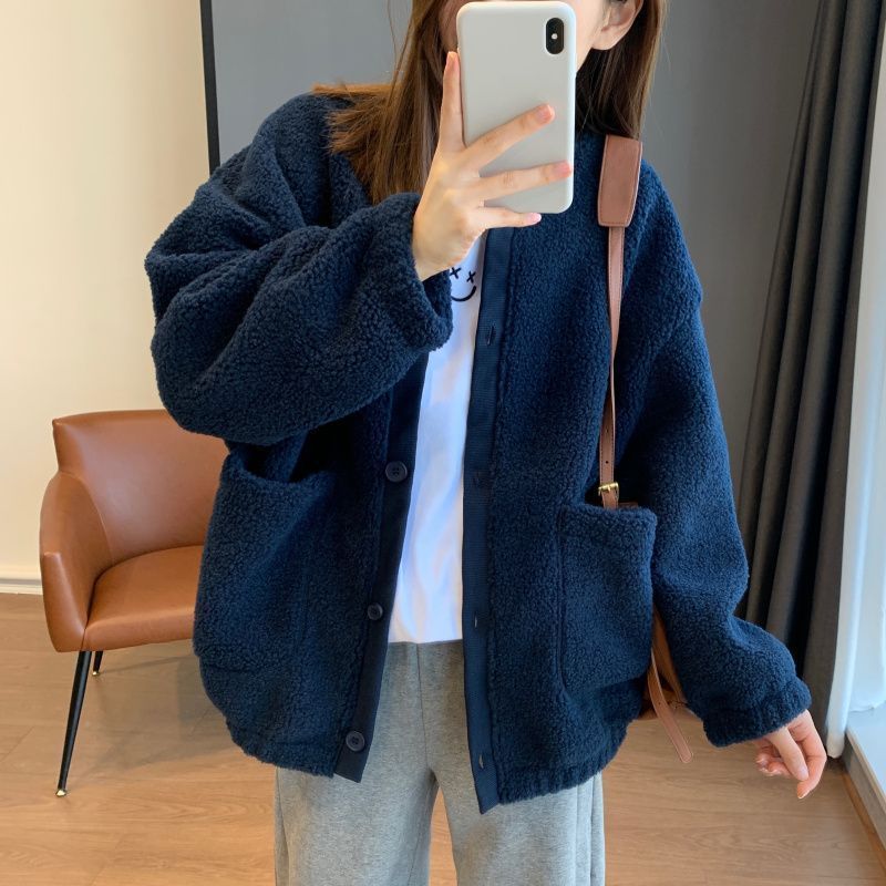 Lamb Wool Hooded Sweater Winter Fleece-lined Thickened Coat Women's Fashionable ins Autumn New Loose Cardigan Top Fashionable