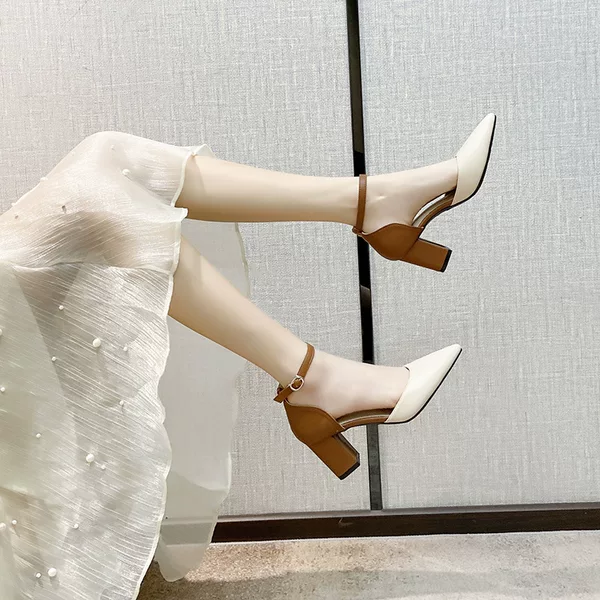 Color-Blocked Fashion Sandals for Women 2026 New Spring and Autumn Versatile Mid-Heel Chunky Heel Pointed Toe Hollow High Heels
