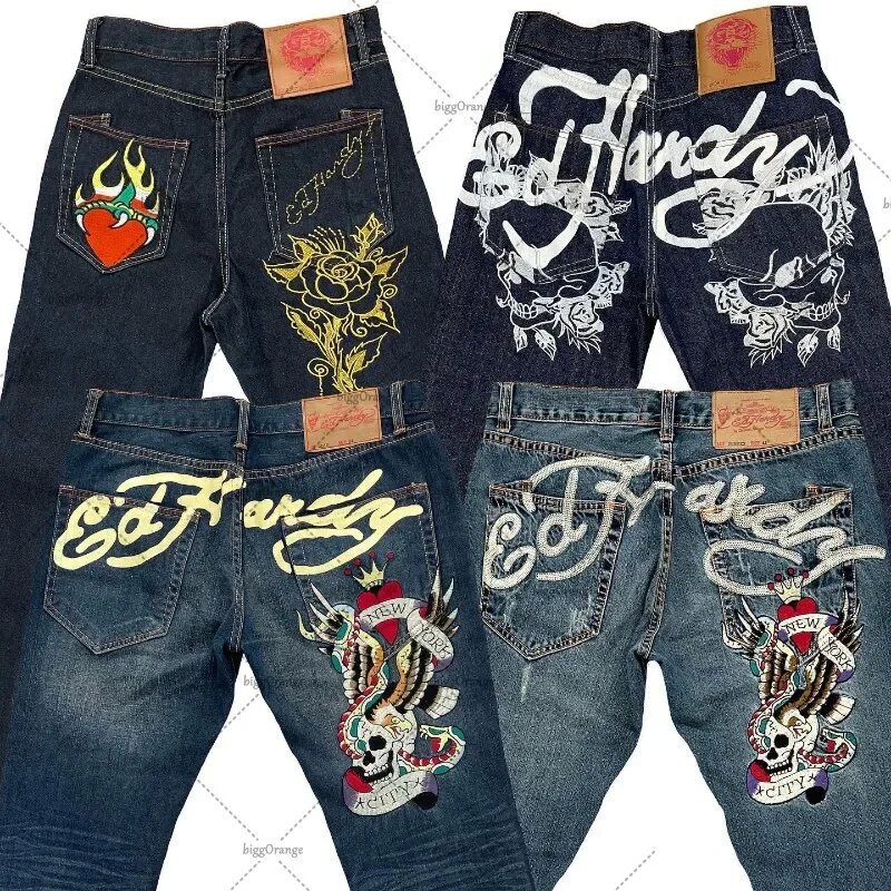 Cross-Border E-Commerce European and American Style Street Jeans for Men Y2K Printed Hip-Hop Straight Retro Loose Wide-Leg Jeans