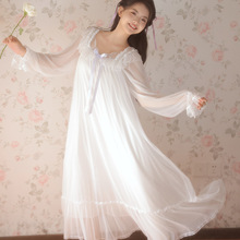 复古大方领莫代尔公主睡裙长款网纱长袖睡衣蕾丝少女家居服宽松