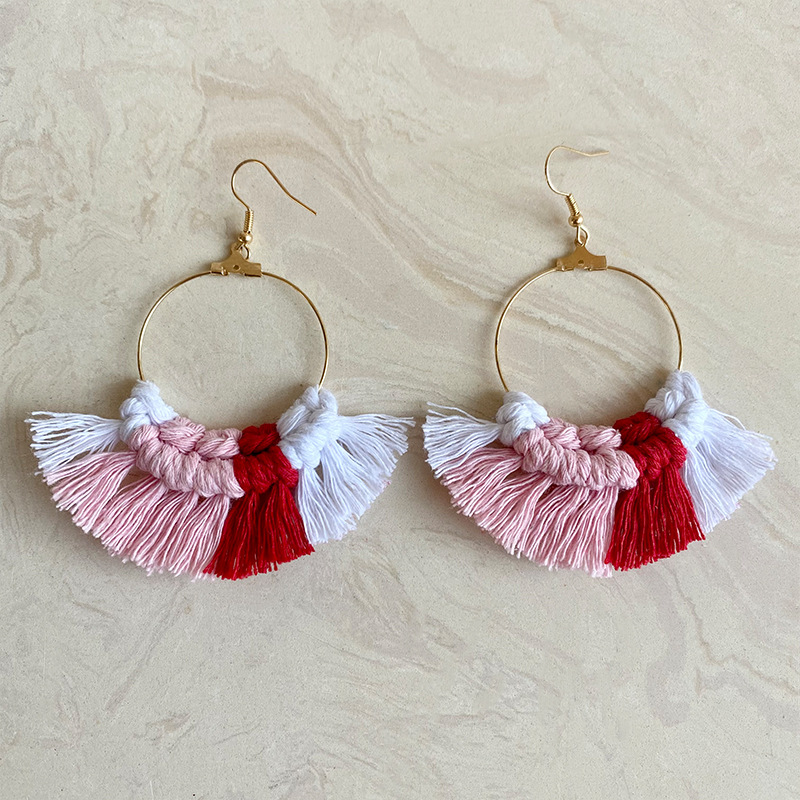 Valentine's Day woven earrings European and American style pastoral style metal ring tassel earrings hand-woven earrings geometric earrings