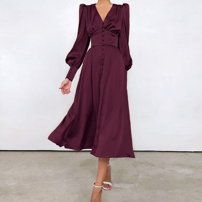 1940S Women's V Collar Stain Button Long Dress Lantern Sleeve Tea Dress  Elegant | eBay