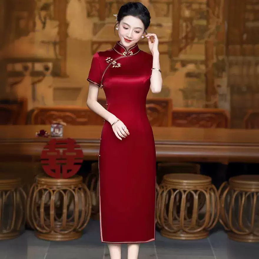 High-End Acetate Mother-In-Law Qipao 2026 New Summer Women's Improved New Chinese Style Wedding Banquet Dress for Mother-In-Law