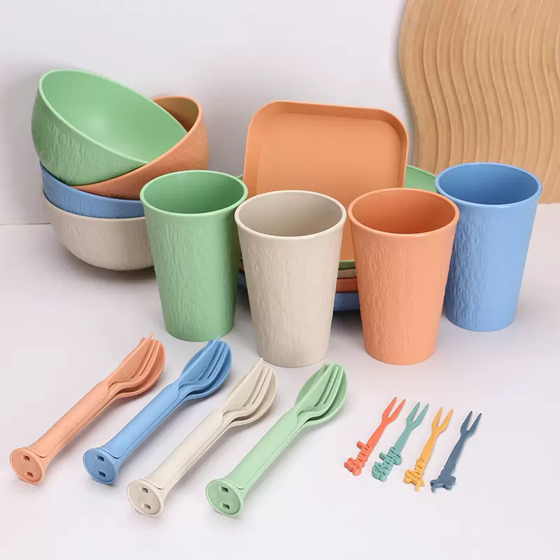 跨境混色亚马逊小麦秸秆餐具套装碗杯盘组合勺批发创意简约沙拉碗