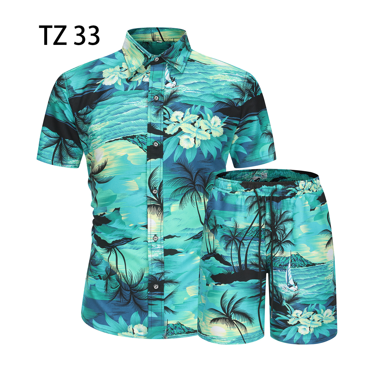 해외 무역 2023 여름 새로운 홍콩 스타일 프린트 반팔 셔츠 세트 남성 캐주얼 셔츠 비치 팬츠 투피스 세트