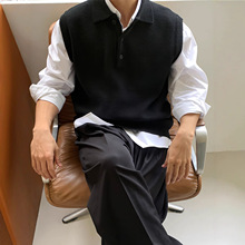 黑色polo领无袖针织马甲男美式复古高级感商务休闲坎肩毛衣背心潮