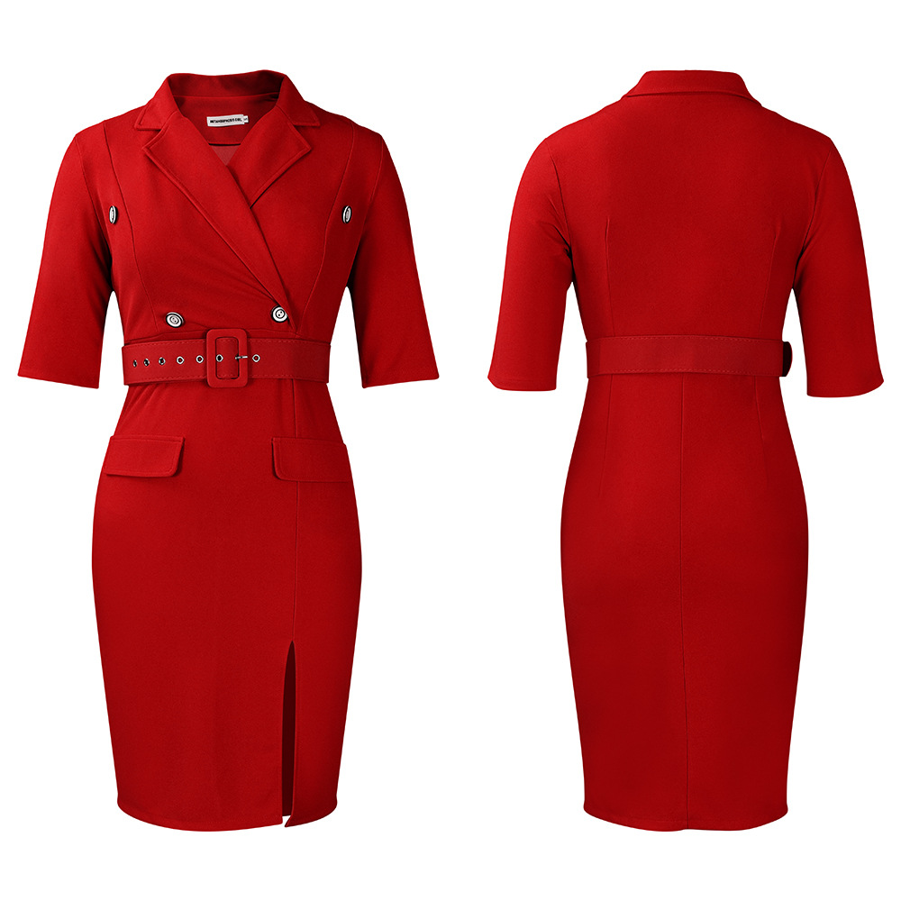 Women's Sheath Dress Elegant Turndown Button 3/4 Length Sleeve Solid Color Knee-Length Holiday Daily display picture 34