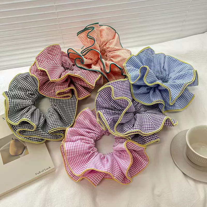 ins芭蕾风撞色格子荷叶边四层发圈复古怀旧浪漫裙摆丸子头大肠圈