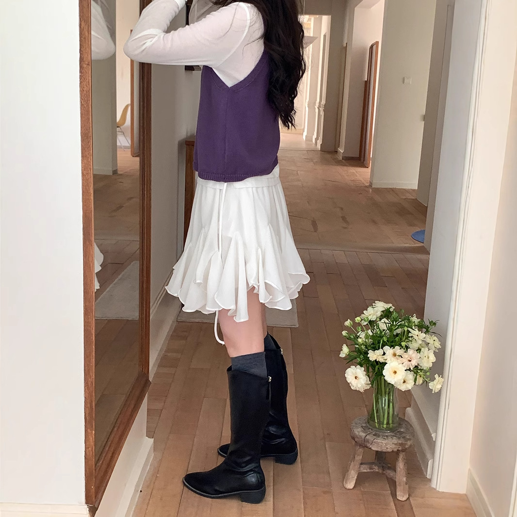 Weisong Clothing 2026 Spring/Summer New Korean Style High-Waisted Irregular Ruffle Hem Puffy A-Line Short Skirt