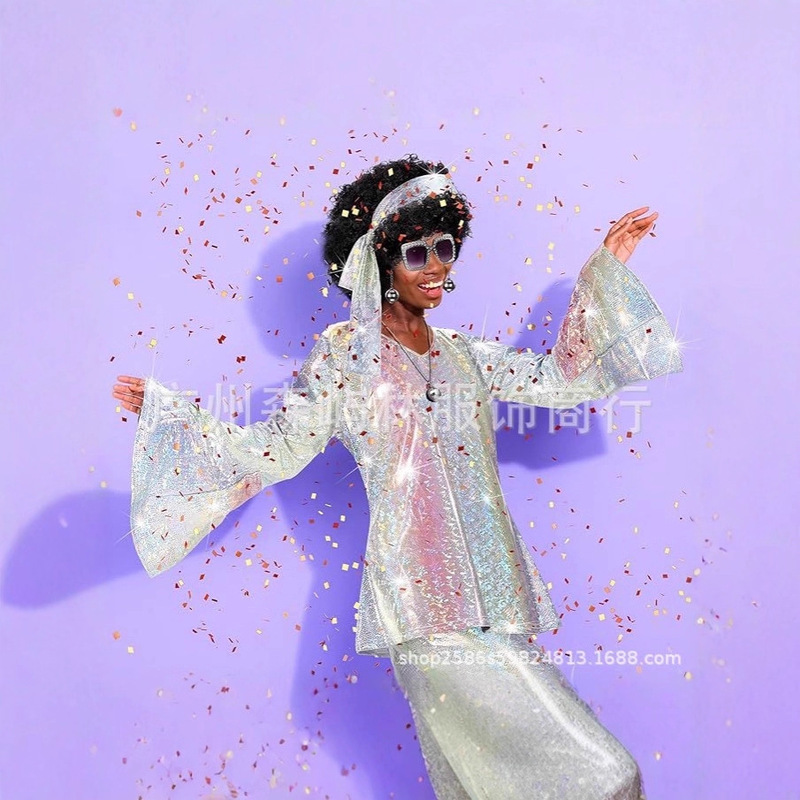 European and American New Halloween Suit 70S Hippie Shiny Elderly Disco Hot Stamping Performance Suit European and American New Halloween Suit 70S Hippie Shiny Elderly Disco Hot Stamping Performance Suit