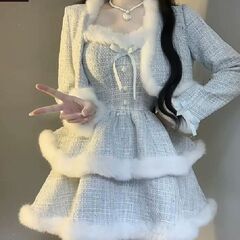 秋冬小香风名媛千金风甜美蓬蓬裙毛毛拼接短款外套高级洛丽塔套装
