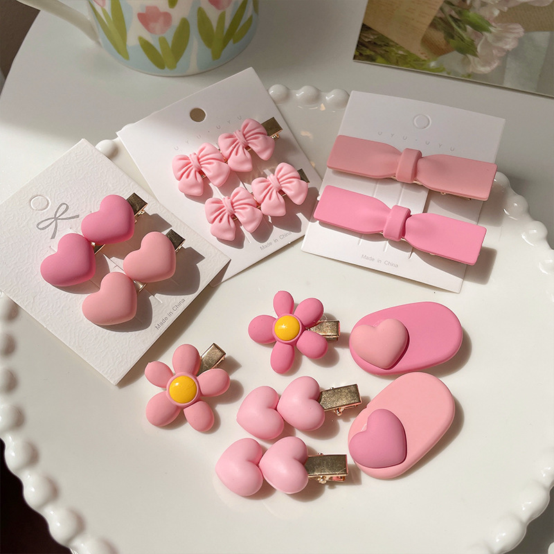 Adorable girl heart sweet pastel pink love heart hair clip floral hair pin versatile butterfly knot edge hair accessory