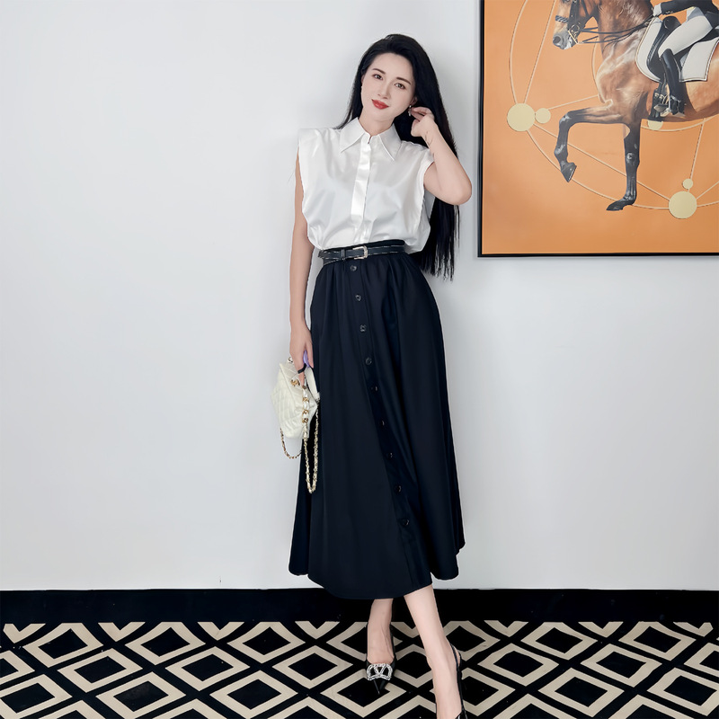 Spring and Summer New Style Liu Yifei's Same Style Casual Lapel Single-Breasted Sleeveless Vest Shirt Top Skirt