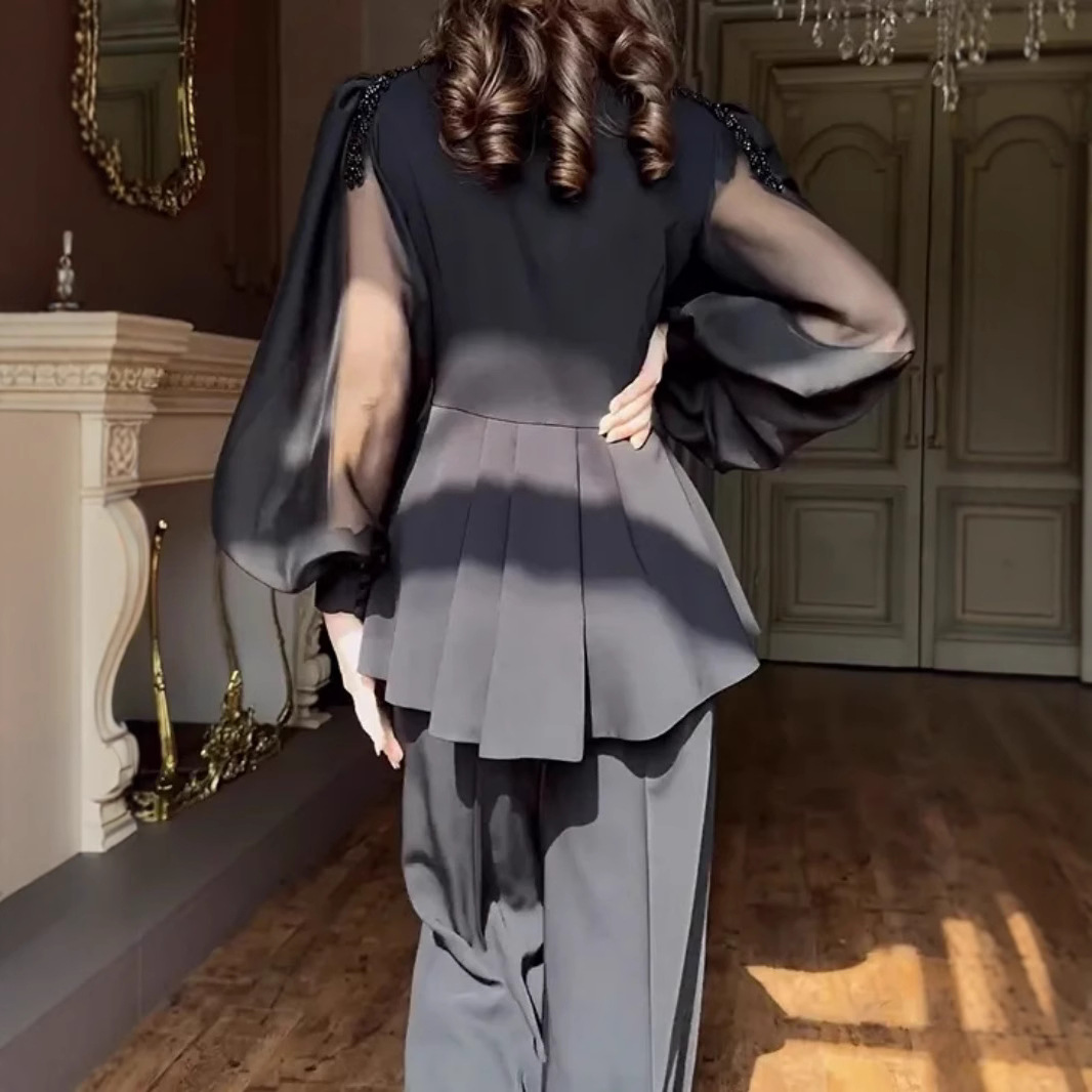 Luxury Rhinestone Jumpsuit – Spring/Summer Elegant One-Piece Pantsuit With Puff Sleeves & High Waist For Women (Black)_ecoleips.com
