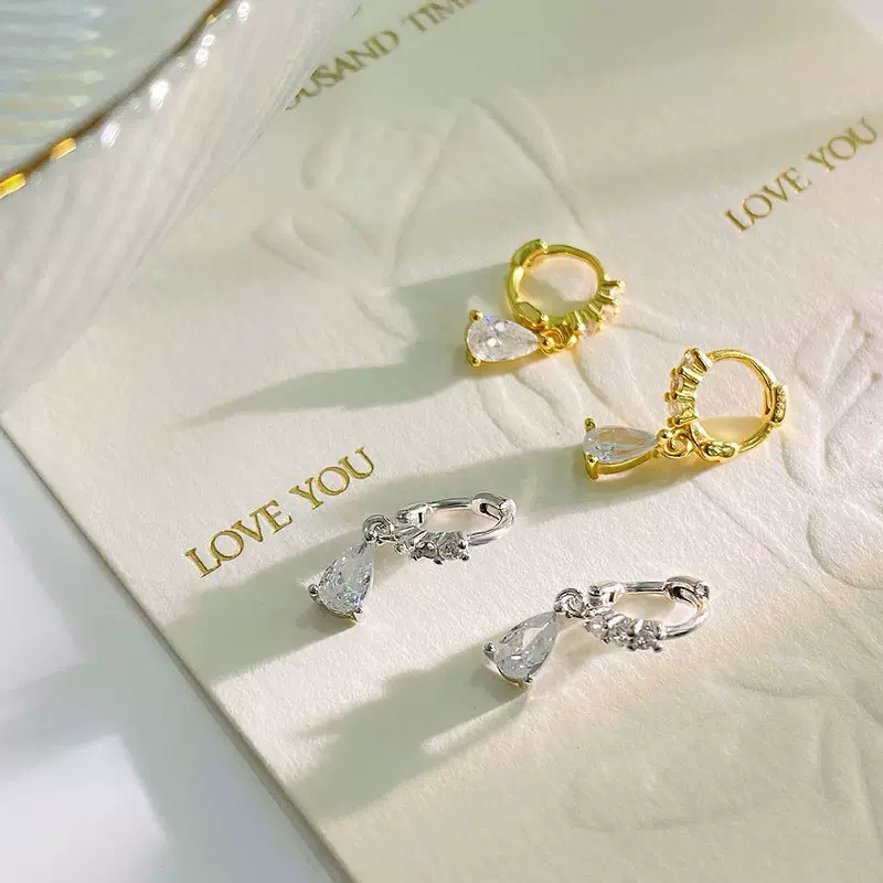 雍程S925纯银水滴耳扣女镶钻轻奢高级感气质耳饰日常百搭款耳钉