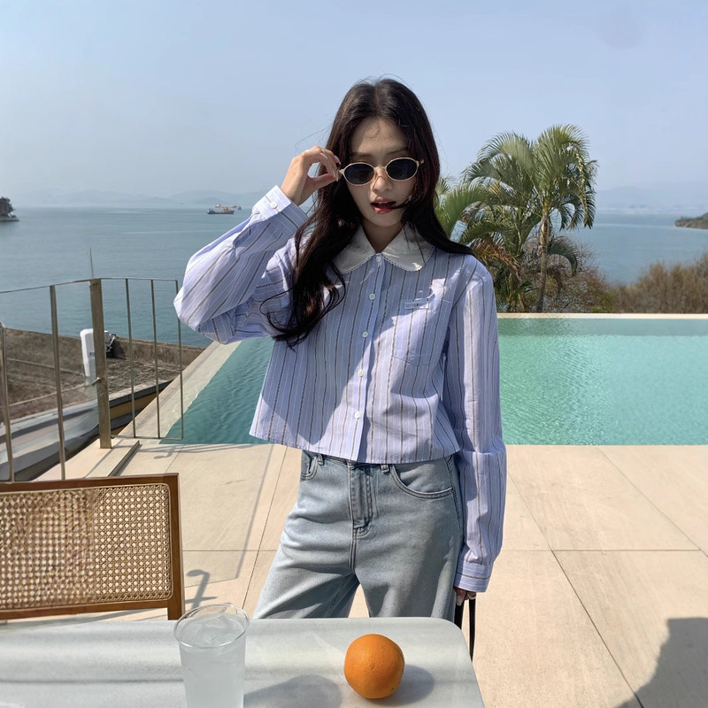 Shenzhen Nanyou Classy Original Miu Home 25 New Korean Style Small Fresh Double-Layer Embroidered Lace Edge Blue Striped Shirt