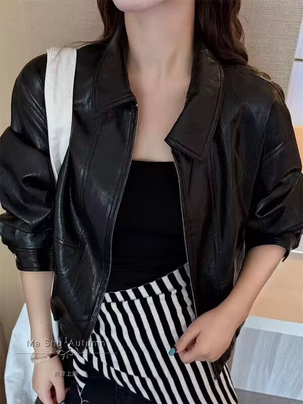 厂家直销短款皮衣外套女25春秋复古港风休闲气质长袖PU皮机车夹克|undefined