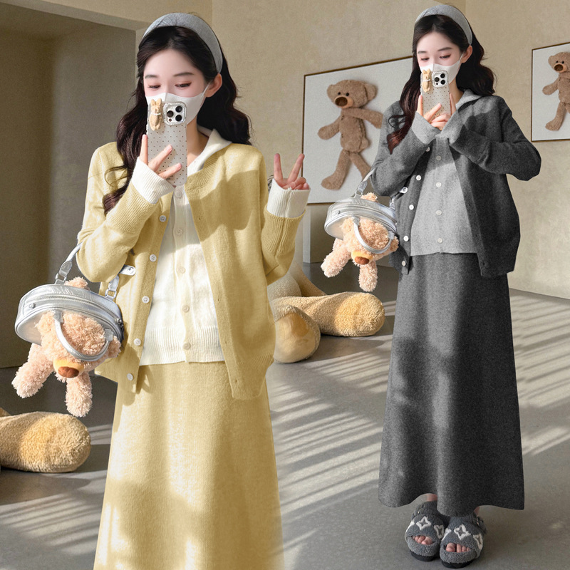 孕妇装2025秋冬新款甜美韩版时尚假两件外套+托腹调节半身裙套装|undefined