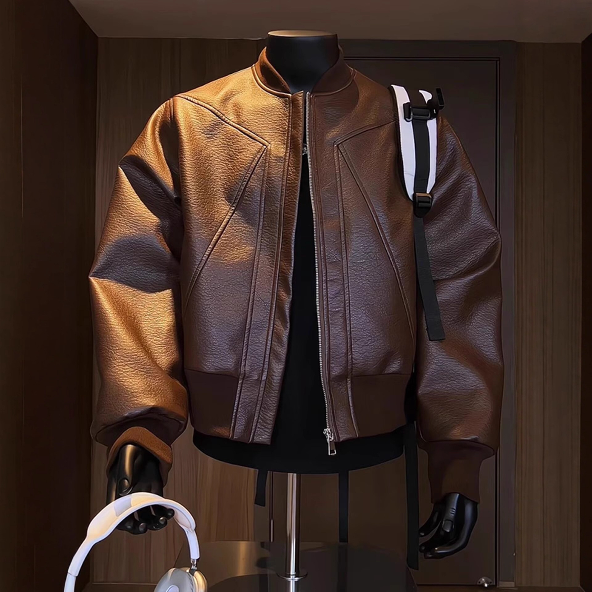 Kurze Herren-Motorradlederjacke Herbst/Winter Neuer trendiger Retro-Ledermantel mit Crackle-Optik_voghion.com