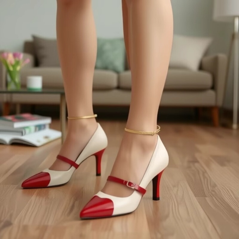 Women's High Heels with Color-Blocking, Shiny Material, Heart-Shaped Design, Soft Mid-Heel, Fully Enclosed Mary Jane Slip-On Style, Sexy and Stylish