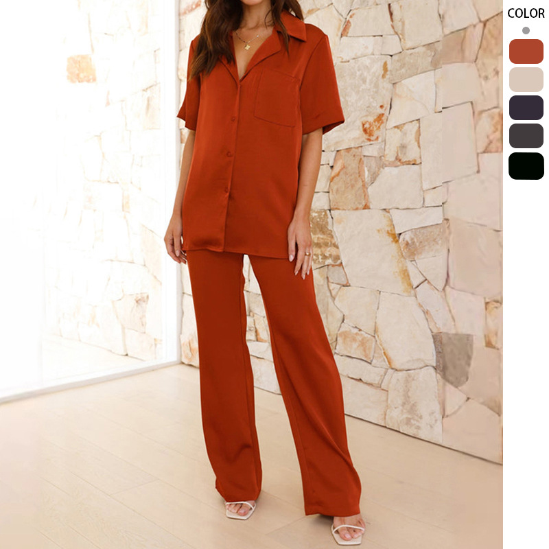 Transfronterizos de ropa de mujer Amazon nueva ropa casera de solapa de color sólido confortable pijamas casuales de mangas cortas pantalones largos set de mujer