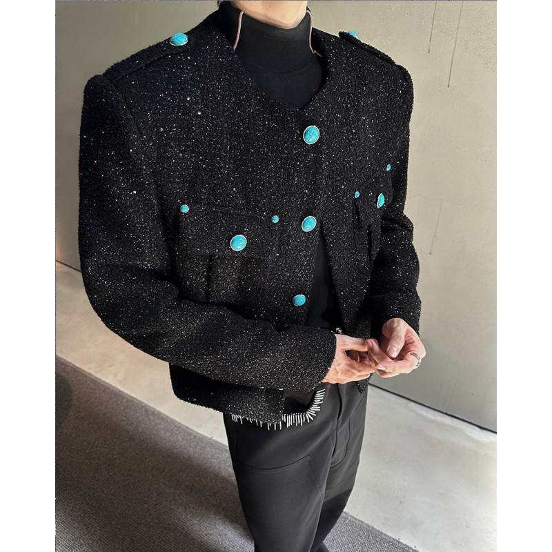 Blue Tears Turquoise Button Short Jacket Chanel Style French Collarless Wool Coat for Petite Loose Fit Blue Tears Turquoise Button Short Jacket Chanel Style French Collarless Wool Coat for Petite Loose Fit