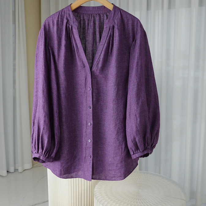 Heavy Industry High-end Chic Super Good-looking Unique Beautiful French Top Purple V-neck Linen Shirt Women's 2025 New Style