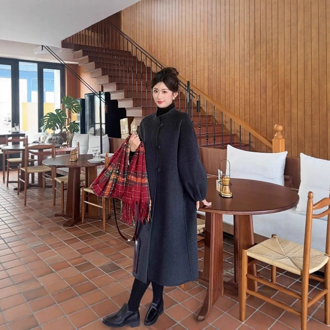 Новый китайский стиль, простой, свободный, нежный стиль, воротник-стойка, пуговицы, модное универсальное длинное осенне-зимнее шерстяное пальто, новый осенне-зимний стиль