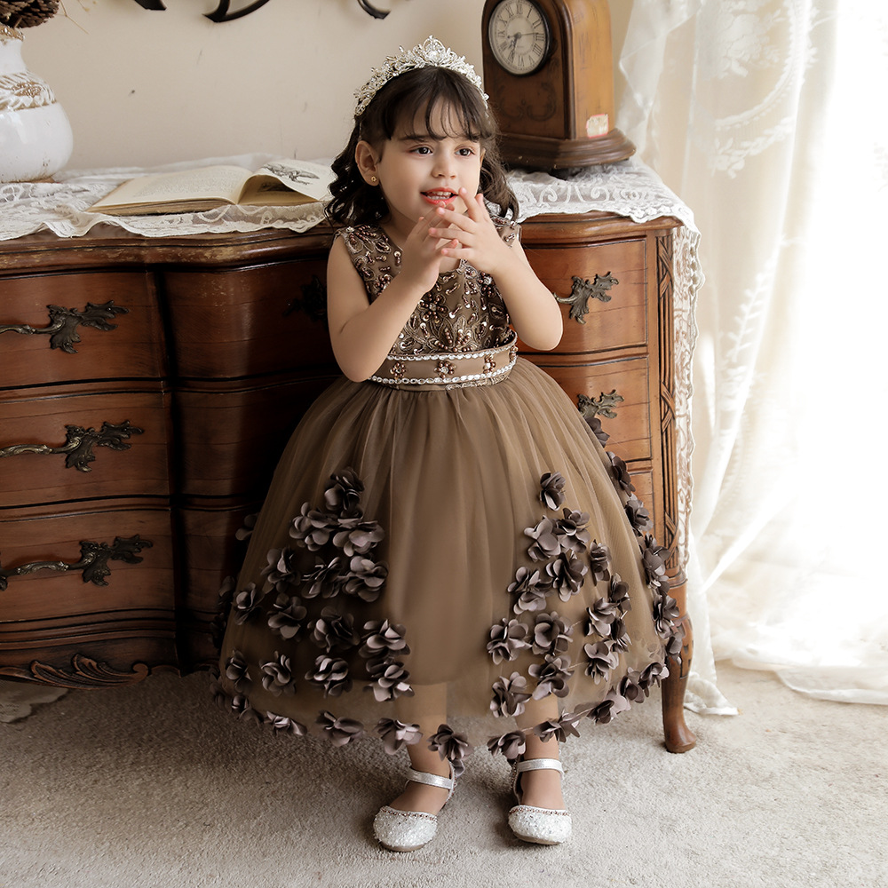 Ropa de niños europeos y americanos nuevas niñas vestido Flor de cuentas piano rendimiento vestido de boda niña princesa vestido