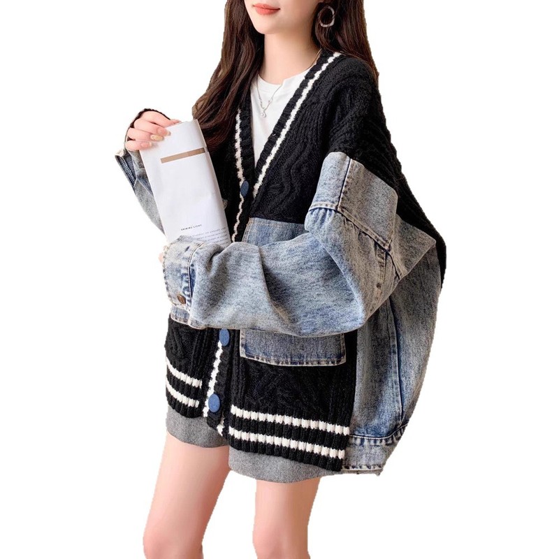 秋冬季新款时尚牛仔拼接针织开衫欧货休闲慵懒风宽松毛衣女装外套|undefined