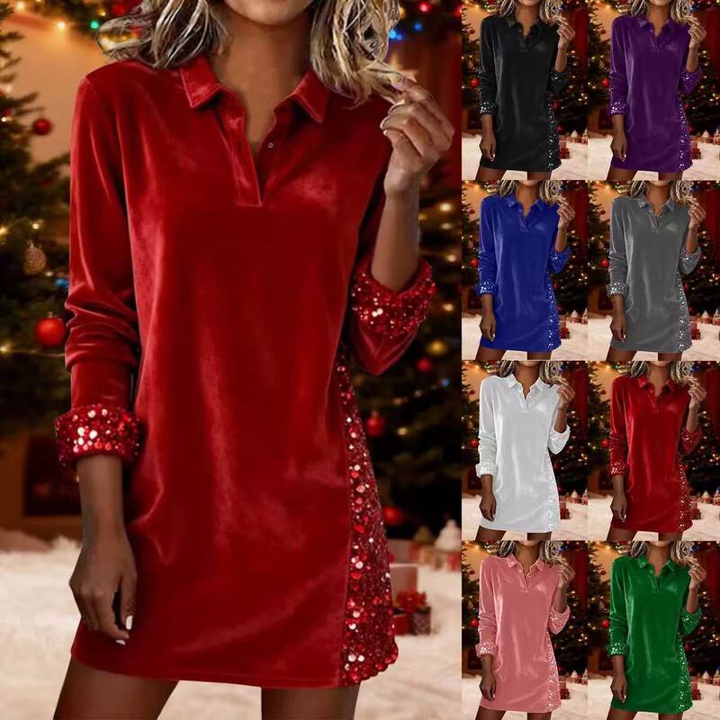 European and American Cross-Border Amazon Women's Clothing 2025 New Casual Long-Sleeved Women's Dress Spliced Sequin Christmas Skirt Trendy
