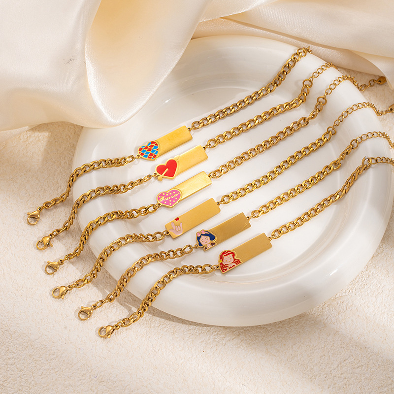 欧美跨境一箭穿心方牌手链女童话公主钛钢手饰创意滴釉设计饰品女