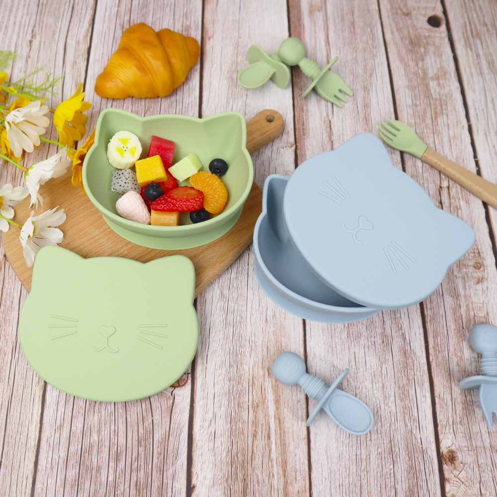宝宝硅胶碗小猫碗食品级儿童喂养餐具婴儿辅食带盖便携防摔吸盘碗
