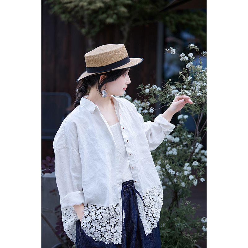Summer New Style Literary Retro Fresh Gardenia White Linen Shirt Hollow Flower Lace Loose Splicing Sun Protection Shirt