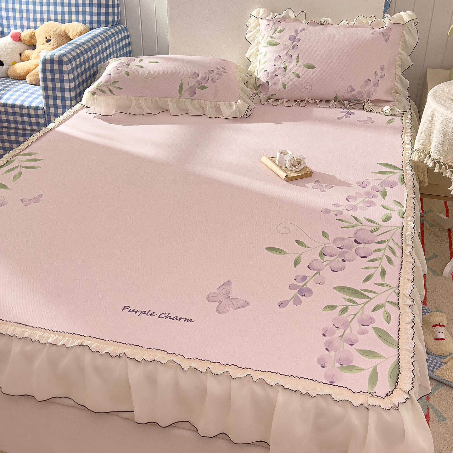 A clase de verano frío frijoles cama de frijoles falda de cama de cuatro piezas set lavable princesa aire acondicionado suave alfombra de seda de hielo