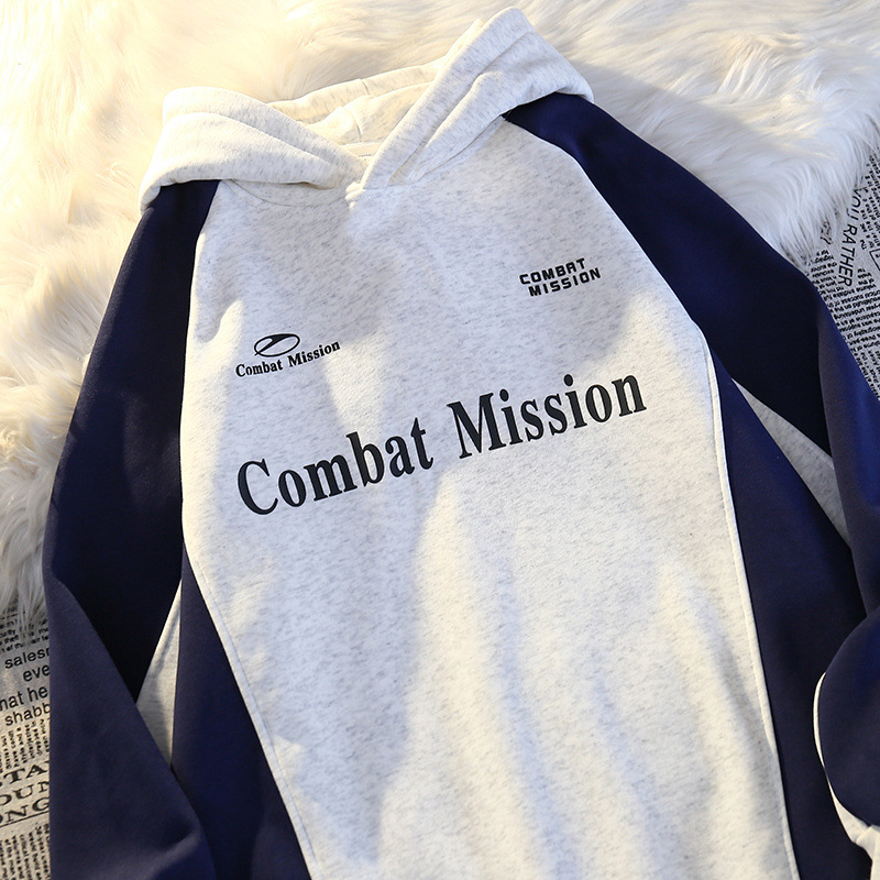 Felpa con cappuccio, manica raglan, stampata con lettere in stile americano, spessa e foderata in pile, patchwork, color-block, alla moda_voghion.com